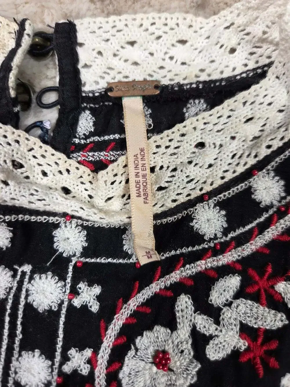 Free People Black Embroidered Crochet Lace Boho Peasant Top M